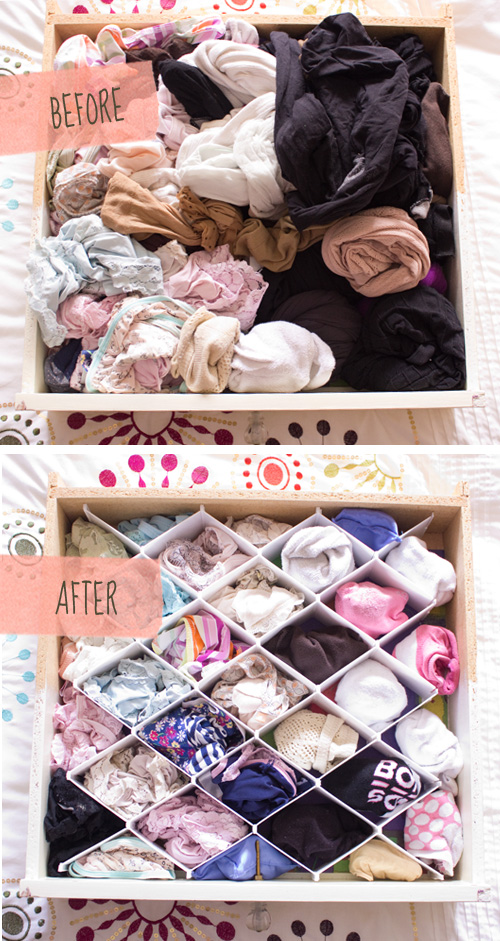 A drawer that looks messy and a well-organised drawer