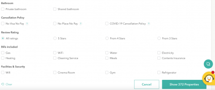 A screenshot of the many filters that help students choose their accommodation