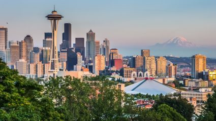 A view of Seattle with Mount Rainier in the background