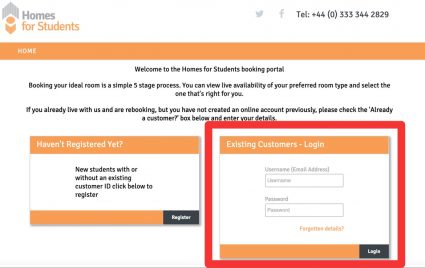Homes for Students portal login page