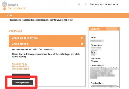 Homes for Students view your rent statement