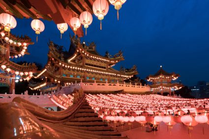 Lanterns in front of a temple at Chinese New Year