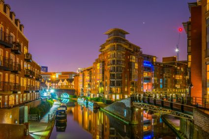 A night-time view of Birmingham's canals