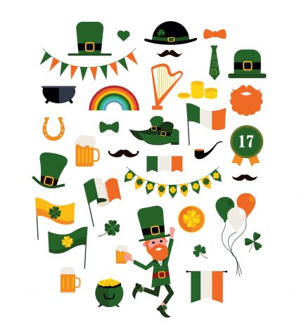 A drawing of Irish imagery such as shamrock, green top hats and leprechauns