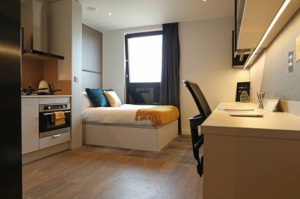 A bedroom at true Birmingham, one of the most modern student accommodation buildings in Birmingham, UK