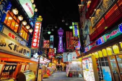 Lots of electric advertising boards on the streets of Osaka