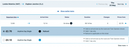 A screenshot showing savings on a 16-25 railcard