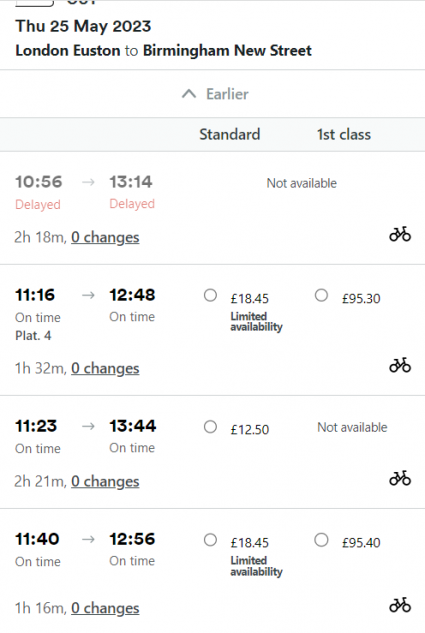 A screenshot of a train booking for the same day