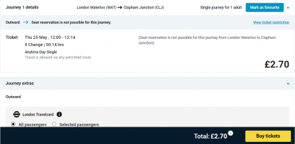A screenshot of a direct online booking of a train ticket