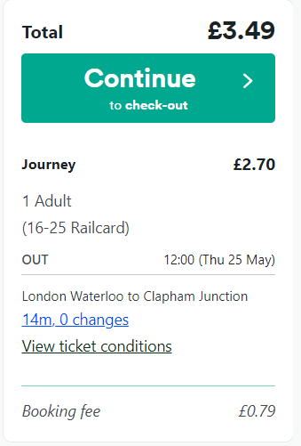 A screenshot of an online booking of a train journey through Trainline