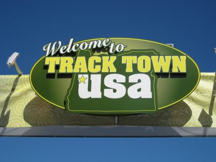 A Track Town, USA sign in Eugene, Oregon