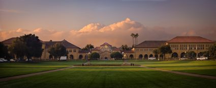 A view of the Stanford University campus at dusk