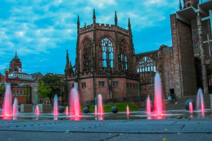 The Coventry Cathedral and a water fountain