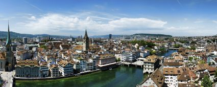 An aerial view of Zurich on a bright day