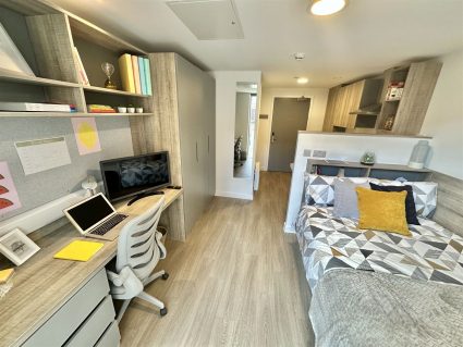 A student bedroom in a student accommodation building