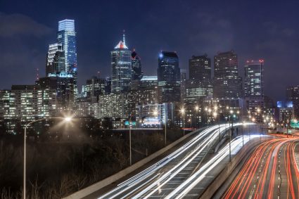 The Philadelphia skyline during the night, with the Schuylkill Expressway in the foreground