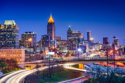 The skyline of Atlanta at nighttime.
