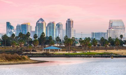 A view of downtown San Diego at sunset