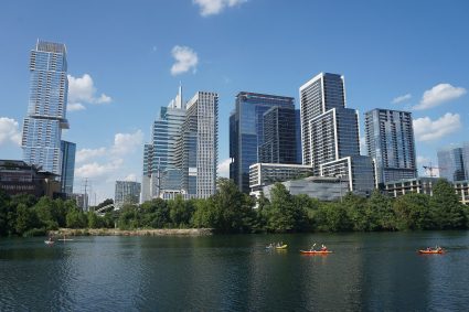 Austin skyline with the Lady Bird Lake in the foreground
