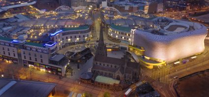 Birmingham city centre from the air by night