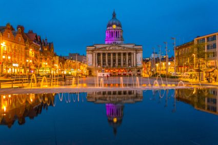 A view of Nottingham city centre during twilight