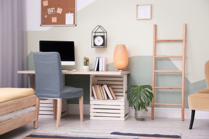 A desk and chair in a student bedroom