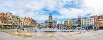 A view of the Nottingham City Hall from across the Old Market Square in Nottingham, UK