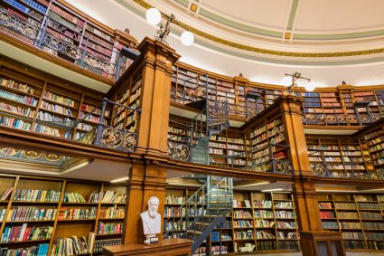 Lots of books on shelves at the Liverpool Central Library