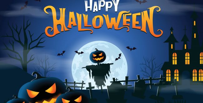 A Halloween scene with scary pumpkins and a full moon