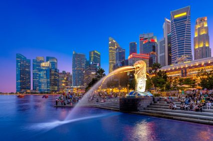 The Merlion statue at night