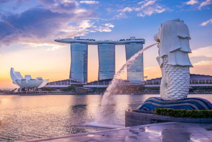The Merlion statue with the Marina Bay Sands hotel in the background