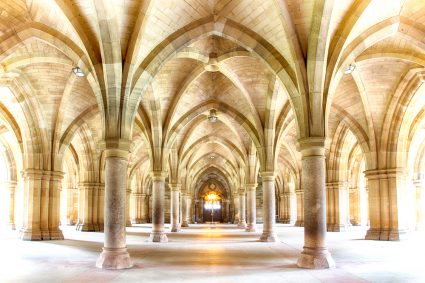 Arched colonnades in a historical university building