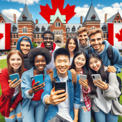 A group of happy students in Canada with their Canadian SIM phones