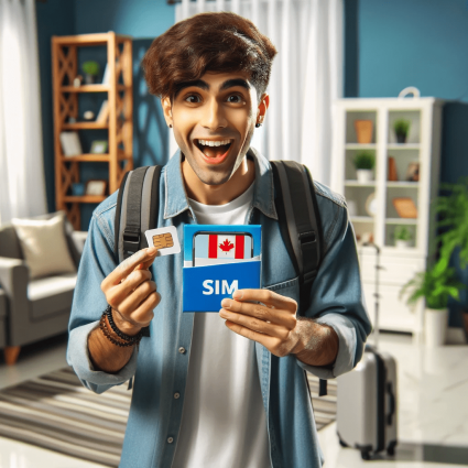 A happy young student with a Canadian SIM card