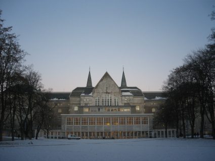 The main building of the Norwegian University of Science and Technology during winter