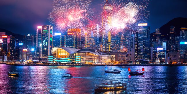 Fireworks above Victoria Harbour in Hong Kong