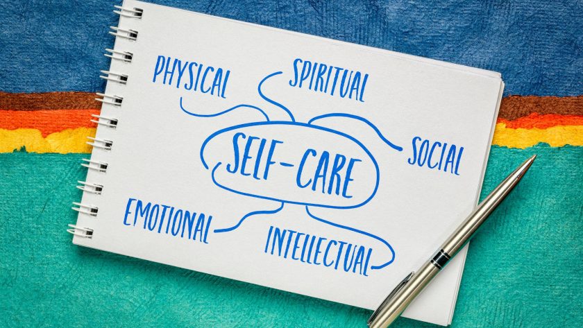 Illustration of self-care aspects including physical, emotional, and intellectual well-being.
